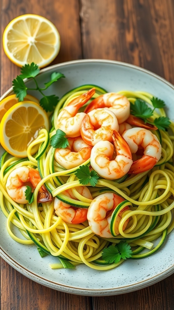 A plate of garlic shrimp zucchini noodles with shrimp, zucchini, and parsley, garnished with lemon.